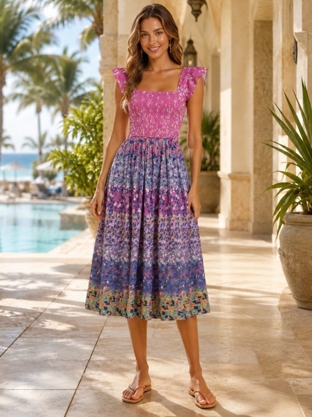 Caroline Constas Floral Printed Midi Dress Smocked Cutout Cotton Pink XS